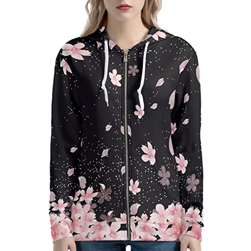 SCRAWLGOD Damen Zip Up Hoodie Oversized Sweatshirt Casual Langarm Tops Jacke mit Taschen, Kirschblüten, 38 von SCRAWLGOD