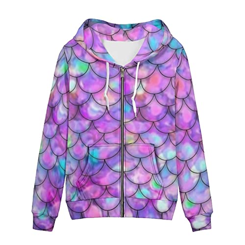 SCRAWLGOD Damen Zip Up Hoodie Oversized Sweatshirt Casual Langarm Tops Jacke mit Taschen, Meerjungfrauenschuppe, 36 von SCRAWLGOD