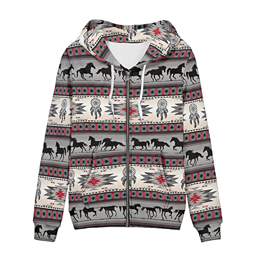 SCRAWLGOD Damen Zip Up Hoodie Oversized Sweatshirt Casual Langarm Tops Jacke mit Taschen, Navajo Indianer Totem Pferd, 52 von SCRAWLGOD