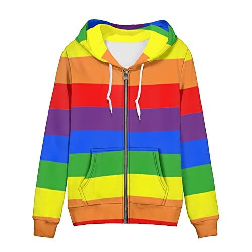 SCRAWLGOD Damen Zip Up Hoodie Oversized Sweatshirt Casual Langarm Tops Jacke mit Taschen, Rainbow Pride, 42 von SCRAWLGOD