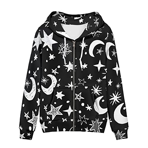 SCRAWLGOD Damen Zip Up Hoodie Oversized Sweatshirt Casual Langarm Tops Jacke mit Taschen, Stern und Mond Schwarz, 36 von SCRAWLGOD