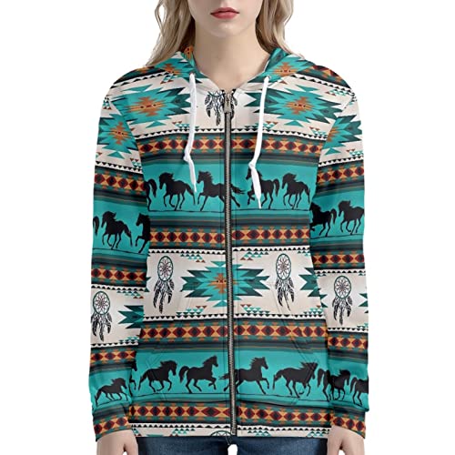 SCRAWLGOD Damen Zip Up Hoodie Oversized Sweatshirt Casual Langarm Tops Jacke mit Taschen, Sweatshirt Navajo Indianer Azteken Pferd, 32 von SCRAWLGOD