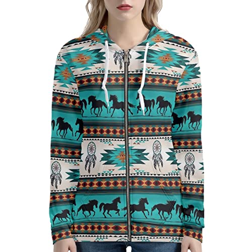 SCRAWLGOD Damen Zip Up Hoodie Oversized Sweatshirt Casual Langarm Tops Jacke mit Taschen, Sweatshirt Navajo Indianer Azteken Pferd, 38 von SCRAWLGOD