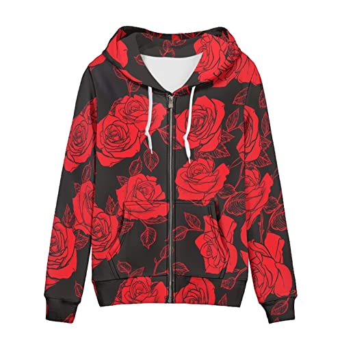 SCRAWLGOD Damen Zip Up Hoodie Oversized Sweatshirt Casual Langarm Tops Jacke mit Taschen, rote rose, 50 von SCRAWLGOD