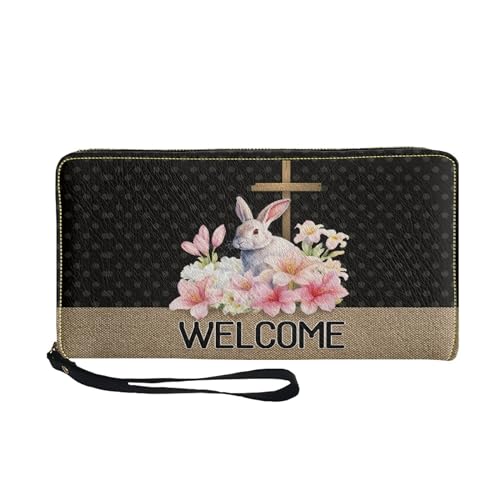 SCRAWLGOD Geldbörsen für Damen und Mädchen, Reißverschluss, Kartenhalter, Clutch, PU-Leder, lange Geldbörse, Organizer, Zubehör, Kaninchen-Blumendruck von SCRAWLGOD