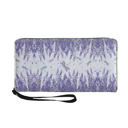 SCRAWLGOD Geldbörsen für Damen und Mädchen, Reißverschluss, Kartenhalter, Clutch, PU-Leder, lange Geldbörse, Organizer, Zubehör, Libelle und Lavendel, Casual von SCRAWLGOD