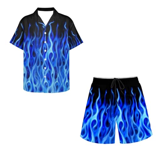 SCRAWLGOD Hawaii-Hemden für Herren, kurzärmelig, Herren-Shorts, lässig, hawaiianisches passendes Set, Badehose mit Knopfleiste, Blaue Flamme, XXL von SCRAWLGOD