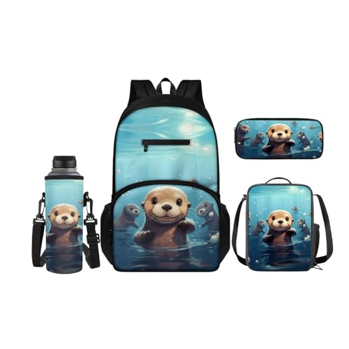 SCRAWLGOD Kinder-Rucksack-Set, niedliches Otter-Cartoon-Schul-Büchertasche, Lunchbox, Federmäppchen mit Wasserflasche, Schlingentasche für Jungen und Mädchen, Elementar, 4 Stück von SCRAWLGOD