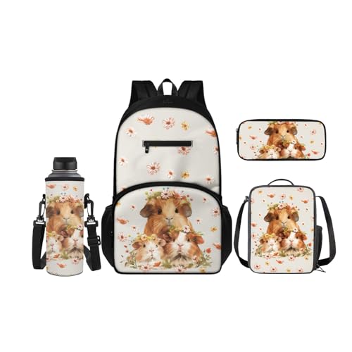 SCRAWLGOD Kinder-Rucksäcke, Lunchbox, Federmäppchen mit Wasserflaschenträger-Set, 4 Stück, Büchertasche, Tagesrucksack-Sets für Schule, Reisen, Cartoon-Hamster von SCRAWLGOD