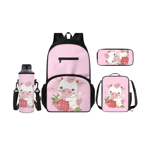 SCRAWLGOD Kinder-Rucksäcke, Lunchbox, Federmäppchen mit Wasserflaschenträger-Set, 4 Stück, Büchertasche, Tagesrucksack-Sets für Schule, Reisen, Erdbeer-Kuh von SCRAWLGOD