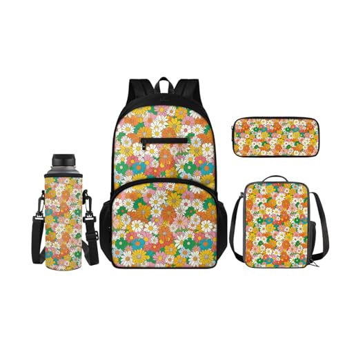 SCRAWLGOD Kinder-Rucksäcke, Lunchbox, Federmäppchen mit Wasserflaschenträger-Set, 4 Stück, Büchertasche, Tagesrucksack-Sets für Schule, Reisen, Hippie Flower von SCRAWLGOD