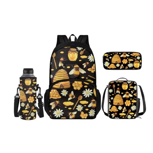 SCRAWLGOD Kinder-Rucksäcke, Lunchbox, Federmäppchen mit Wasserflaschenträger-Set, 4 Stück, Büchertasche, Tagesrucksack-Sets für Schule, Reisen, Honigbiene von SCRAWLGOD