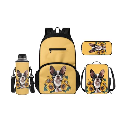 SCRAWLGOD Kinder-Rucksäcke, Lunchbox, Federmäppchen mit Wasserflaschenträger-Set, 4 Stück, Büchertasche, Tagesrucksack-Sets für Schule, Reisen, Sunflower Boston Terrier von SCRAWLGOD