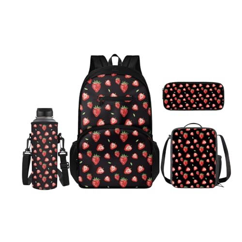 SCRAWLGOD Kinder-Rucksäcke, Lunchbox, Federmäppchen mit Wasserflaschenträger-Set, 4 Stück, Büchertasche, Tagesrucksack-Sets für Schule, Reisen, erdbeere von SCRAWLGOD