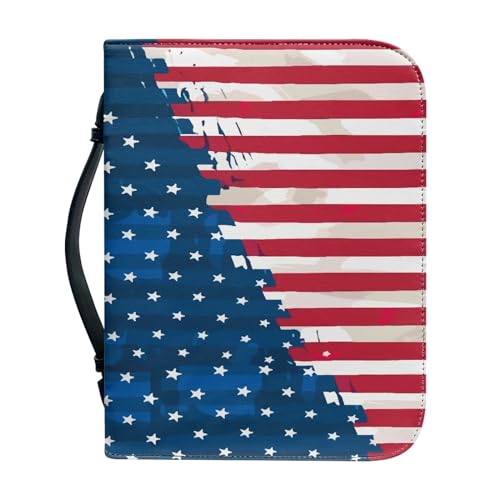 SCRAWLGOD Klassische Bibelhülle für Damen, Leder, Bibeltasche, Tragetasche, Bibeltasche mit Stiftfächern, Bibeltragetasche für Männer, Kinder, Mädchen, Damen, Amerikanische Flagge, Blau und Rot, M von SCRAWLGOD