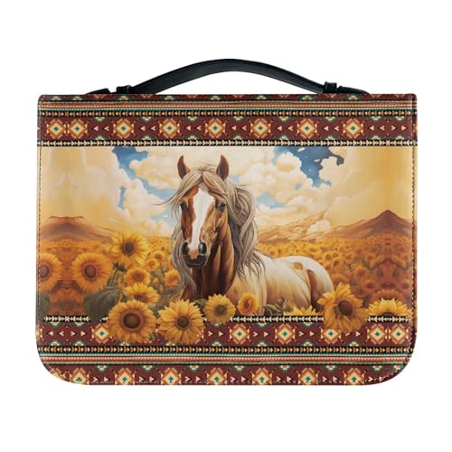 SCRAWLGOD Klassische Bibelhülle für Damen, Leder, Bibeltasche, Tragetasche, Bibeltasche mit Stiftfächern, Bibeltragetasche für Männer, Kinder, Mädchen, Damen, Aztekisches Sonnenblumenpferd, L von SCRAWLGOD