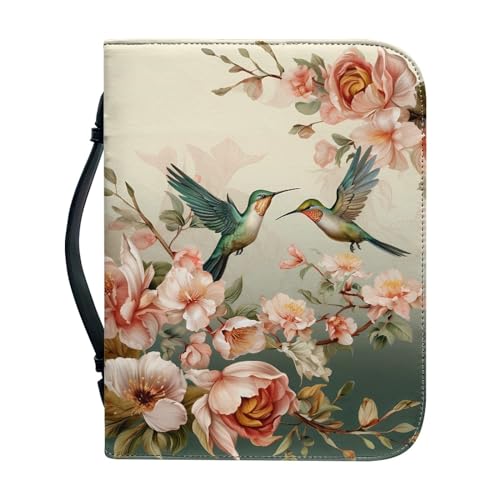 SCRAWLGOD Klassische Bibelhülle für Damen, Leder, Bibeltasche, Tragetasche, Bibeltasche mit Stiftfächern, Bibeltragetasche für Männer, Kinder, Mädchen, Damen, Blume mit Kolibri, XX-Large von SCRAWLGOD