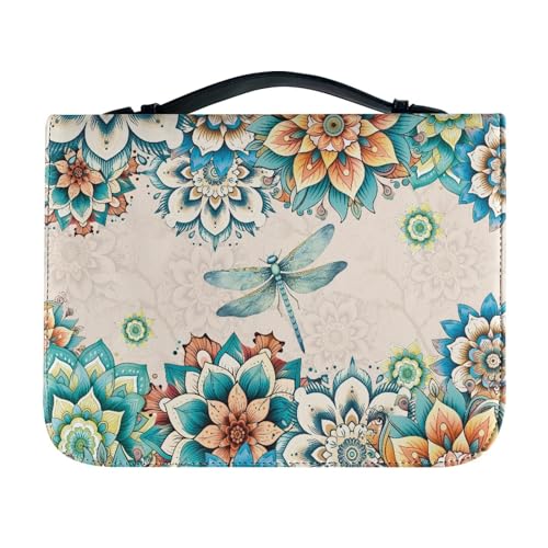 SCRAWLGOD Klassische Bibelhülle für Damen, Leder, Bibeltasche, Tragetasche, Bibeltasche mit Stiftfächern, Bibeltragetasche für Männer, Kinder, Mädchen, Damen, Mandala Libelle, L von SCRAWLGOD