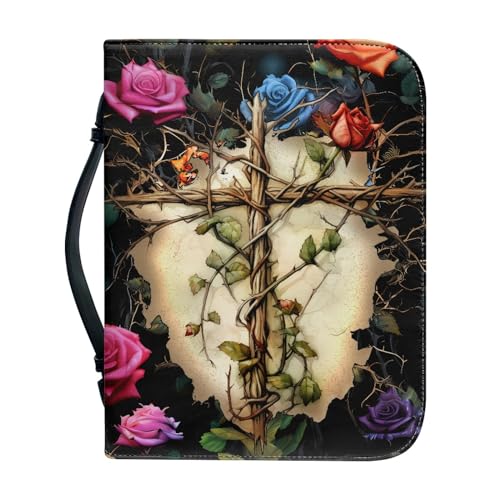 SCRAWLGOD Klassische Bibelhülle für Damen, Leder, Bibeltasche, Tragetasche, Bibeltasche mit Stiftfächern, Bibeltragetasche für Männer, Kinder, Mädchen, Damen, Rose Faith Cross, L von SCRAWLGOD