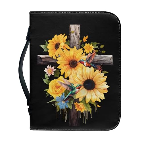 SCRAWLGOD Klassische Bibelhülle für Damen, Leder, Bibeltasche, Tragetasche, Bibeltasche mit Stiftfächern, Bibeltragetasche für Männer, Kinder, Mädchen, Damen, Sonnenblumenkreuz, L von SCRAWLGOD