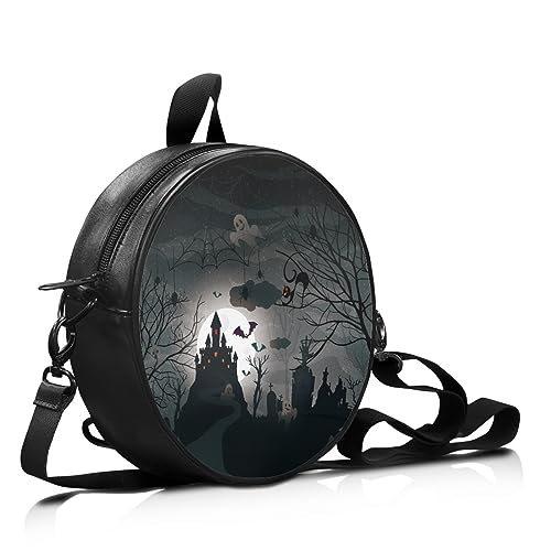 SCRAWLGOD Kleine Kreis Crossbody Geldbörse für Teenager Mädchen, Leder Umhängetasche für Frauen Tote Handtaschen, Halloween Schloss Geist, Einheitsgröße von SCRAWLGOD