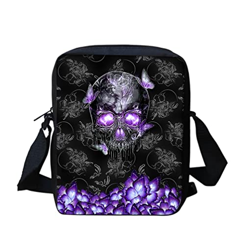 SCRAWLGOD Kleine Messenger Bags Reise Schultertaschen Geldbörsen und Taschen Mini Crossbody Taschen für Kinder Mädchen Jungen Teenager, Totenkopf, violett, Schmetterling, Blum, Einheitsgröße von SCRAWLGOD