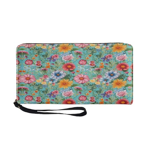 SCRAWLGOD Lange Geldbörse für Damen, mit Reißverschluss, kleine Mini-Clutch-Tasche, PU-Leder, Blumenblüten von SCRAWLGOD