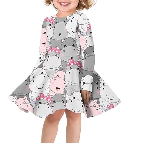 SCRAWLGOD Mädchen Kleider Midi Kleid Mode Langarm Skater Kleid Kinder Kleidung für Kinder, Nilpferd, 3-4 Jahre von SCRAWLGOD