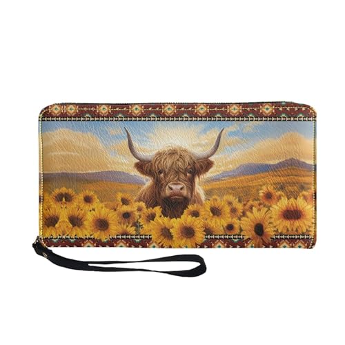 SCRAWLGOD Magican Butterfly Geldbörse für Damen, Reißverschluss, Kartenhalter, Clutch, PU-Leder, lange Geldbörse Organizer, Azteken-Sonnenblumenrinder, Casual von SCRAWLGOD