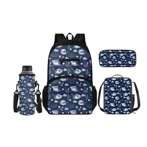 SCRAWLGOD Rucksack für Kinder mit Lunchbox, Wasserflaschenhalter, Federmäppchen, 4-in-1, Büchertaschen für Kindergarten, Grundschule, Blauer Hai von SCRAWLGOD