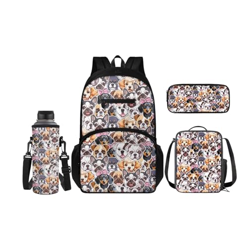 SCRAWLGOD Rucksack für Kinder mit Lunchbox, Wasserflaschenhalter, Federmäppchen, 4-in-1, Büchertaschen für Kindergarten, Grundschule, Cartoon-Hund von SCRAWLGOD