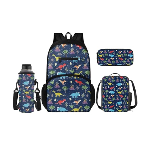 SCRAWLGOD Rucksack für Kinder mit Lunchbox, Wasserflaschenhalter, Federmäppchen, 4-in-1, Büchertaschen für Kindergarten, Grundschule, Dinosaurier-Cartoon, blau von SCRAWLGOD