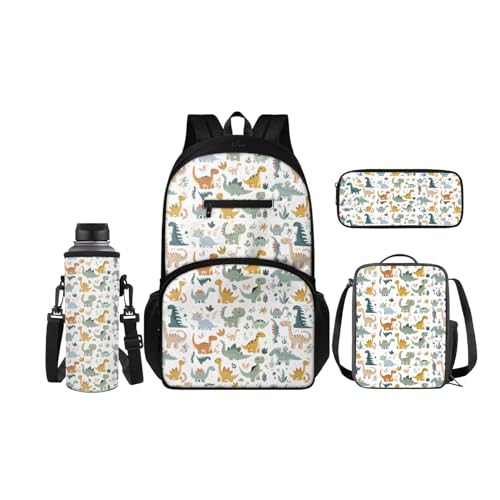 SCRAWLGOD Rucksack für Kinder mit Lunchbox, Wasserflaschenhalter, Federmäppchen, 4-in-1, Büchertaschen für Kindergarten, Grundschule, Dinosaurier-Cartoon, weiß von SCRAWLGOD