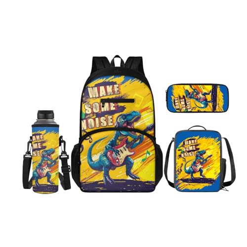 SCRAWLGOD Rucksack für Kinder mit Lunchbox, Wasserflaschenhalter, Federmäppchen, 4-in-1, Büchertaschen für Kindergarten, Grundschule, Dinosaurier von SCRAWLGOD