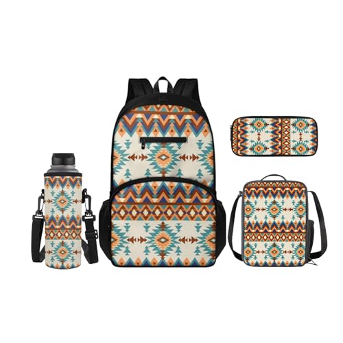 SCRAWLGOD Rucksack für Kinder mit Lunchbox, Wasserflaschenhalter, Federmäppchen, 4-in-1, Büchertaschen für Kindergarten, Grundschule, Ethnisches Aztekenmuster, Beige von SCRAWLGOD