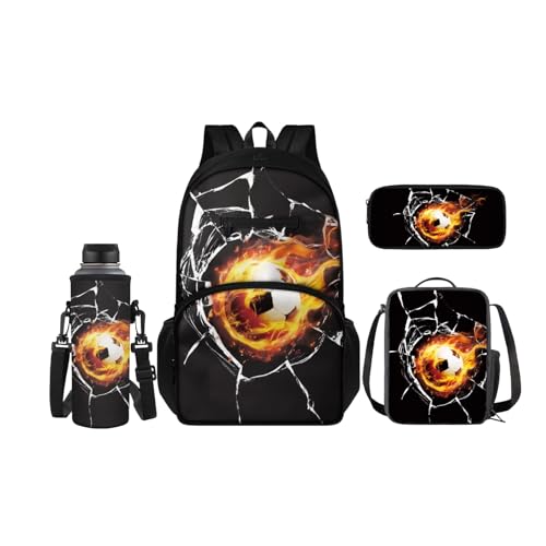 SCRAWLGOD Rucksack für Kinder mit Lunchbox, Wasserflaschenhalter, Federmäppchen, 4-in-1, Büchertaschen für Kindergarten, Grundschule, Fire Soccer von SCRAWLGOD