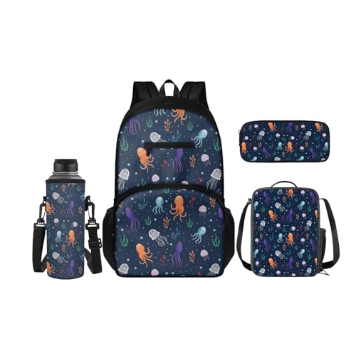 SCRAWLGOD Rucksack für Kinder mit Lunchbox, Wasserflaschenhalter, Federmäppchen, 4-in-1, Büchertaschen für Kindergarten, Grundschule, Octopus Cartoon von SCRAWLGOD