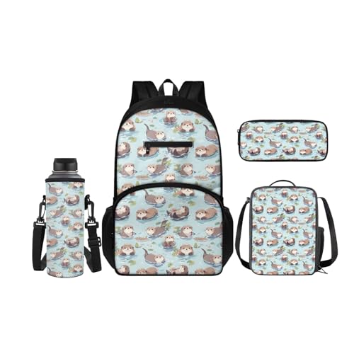 SCRAWLGOD Rucksack für Kinder mit Lunchbox, Wasserflaschenhalter, Federmäppchen, 4-in-1, Büchertaschen für Kindergarten, Grundschule, Otter-Cartoon von SCRAWLGOD