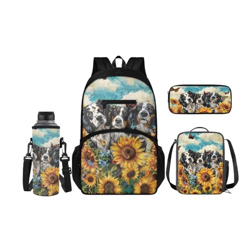 SCRAWLGOD Rucksack für Kinder mit Lunchbox, Wasserflaschenhalter, Federmäppchen, 4-in-1, Büchertaschen für Kindergarten, Grundschule, Sonnenblumen-Hund von SCRAWLGOD