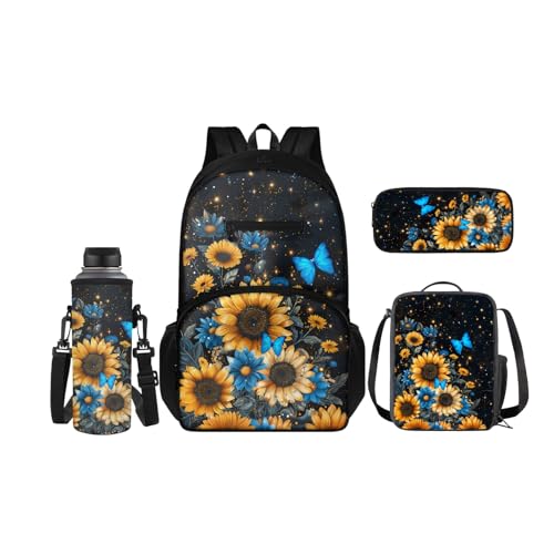 SCRAWLGOD Rucksack für Kinder mit Lunchbox, Wasserflaschenhalter, Federmäppchen, 4-in-1, Büchertaschen für Kindergarten, Grundschule, Sonnenblumen-Schmetterling von SCRAWLGOD