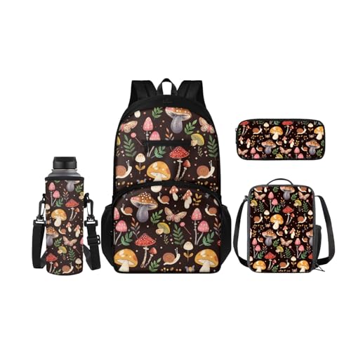 SCRAWLGOD Rucksack für Kinder mit Lunchbox, Wasserflaschenhalter, Federmäppchen, 4-in-1, Büchertaschen für Kindergarten, Grundschule, mushroom von SCRAWLGOD
