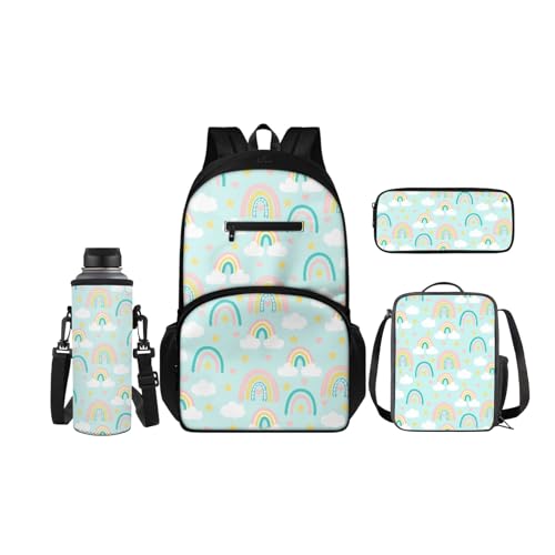 SCRAWLGOD Rucksack für Kinder mit Lunchbox, Wasserflaschenhalter, Federmäppchen, 4-in-1, Büchertaschen für Kindergarten, Grundschule, regenbogenfarben von SCRAWLGOD