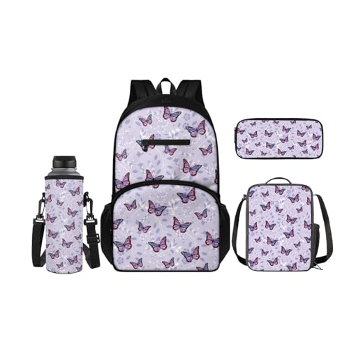 SCRAWLGOD Rucksack für Kinder mit Lunchbox, Wasserflaschenhalter, Federmäppchen, 4-in-1, Büchertaschen für Kindergarten, Grundschule, schmetterling von SCRAWLGOD