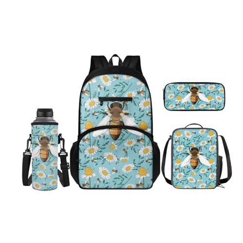 SCRAWLGOD Rucksäcke mit Lunchbox für Kinder, Schule, Federmäppchen, Wasserflaschenhalter, 4-in-1 Büchertasche, Tagesrucksack für Mädchen und Jungen, Blumen-Biene von SCRAWLGOD