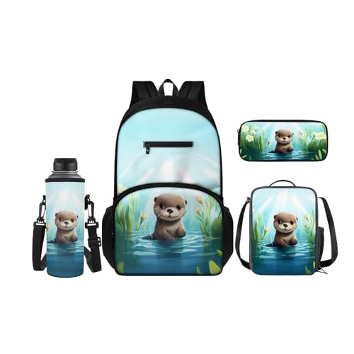 SCRAWLGOD Rucksäcke mit Lunchbox für Kinder, Schule, Federmäppchen, Wasserflaschenhalter, 4-in-1 Büchertasche, Tagesrucksack für Mädchen und Jungen, Cartoon-Otter von SCRAWLGOD