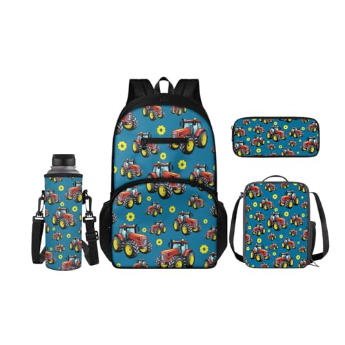 SCRAWLGOD Rucksäcke mit Lunchbox für Kinder, Schule, Federmäppchen, Wasserflaschenhalter, 4-in-1 Büchertasche, Tagesrucksack für Mädchen und Jungen, Cartoon Traktor von SCRAWLGOD