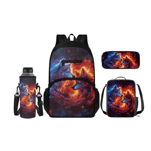 SCRAWLGOD Rucksäcke mit Lunchbox für Kinder, Schule, Federmäppchen, Wasserflaschenhalter, 4-in-1 Büchertasche, Tagesrucksack für Mädchen und Jungen, Galaxy Wolf von SCRAWLGOD