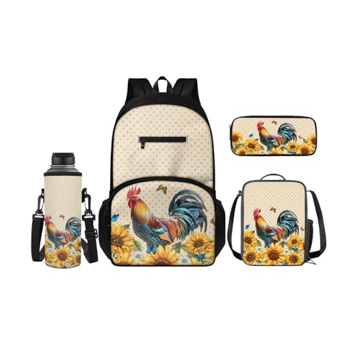 SCRAWLGOD Rucksäcke mit Lunchbox für Kinder, Schule, Federmäppchen, Wasserflaschenhalter, 4-in-1 Büchertasche, Tagesrucksack für Mädchen und Jungen, Sonnenblumen-Huhn von SCRAWLGOD