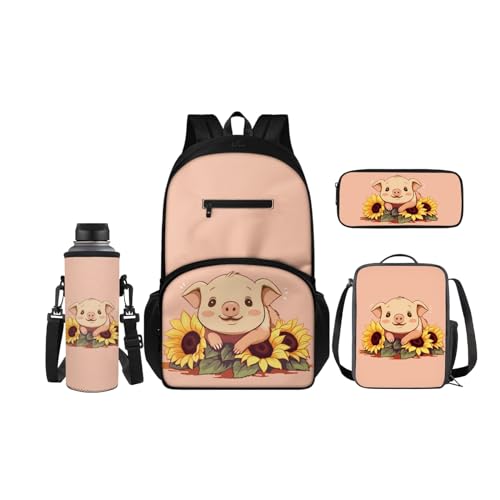 SCRAWLGOD Rucksäcke mit Lunchbox für Kinder, Schule, Federmäppchen, Wasserflaschenhalter, 4-in-1 Büchertasche, Tagesrucksack für Mädchen und Jungen, Sonnenblumen-Schwein von SCRAWLGOD