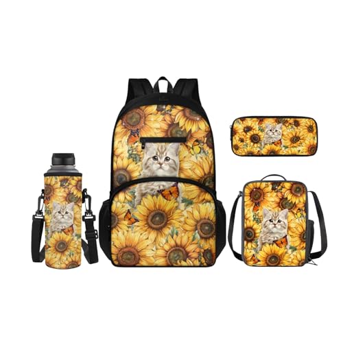 SCRAWLGOD Rucksäcke mit Lunchbox für Kinder, Schule, Federmäppchen, Wasserflaschenhalter, 4-in-1 Büchertasche, Tagesrucksack für Mädchen und Jungen, Sonnenblumenkatze von SCRAWLGOD